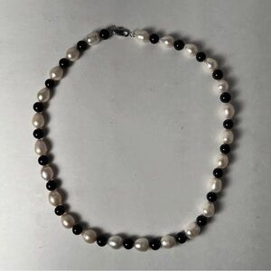 Akwaya White Freshwater Cultured Pearl and Black Onyx Necklace 20"